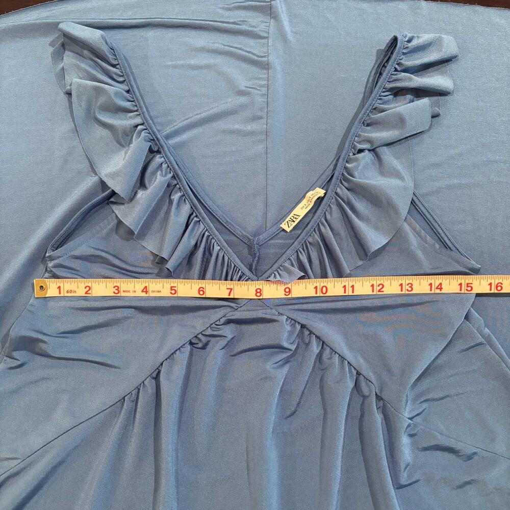 Zara Blue Ruffled Satin Effect V-Neck Midi Slip Dress sz S 70s Romantic Ballet - Picture 4 of 5